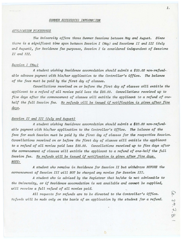 Typewritten paper on information for the summer sessions at Lethbridge University including application procedures, housing, and payment.