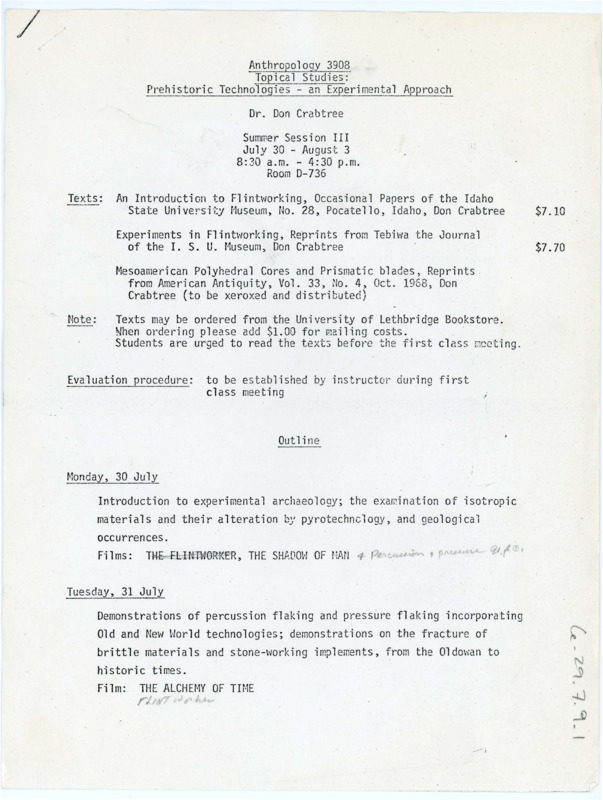 Typewritten syllabus and schedule for Anthropology 3908; Prehistoric Technology.