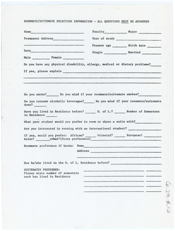 Typewritten fillable sheet for University of Lethbridge roommate selection.