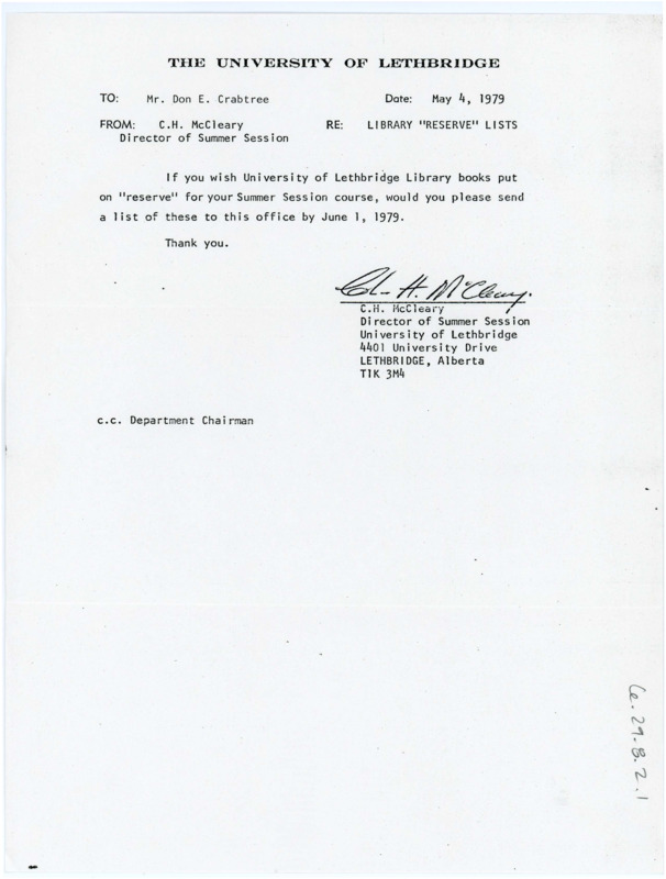 Typewritten letter from C. H. McCleary to Donald Crabtree asking for a list of books he would like to reserve from the University of Lethbridge library.