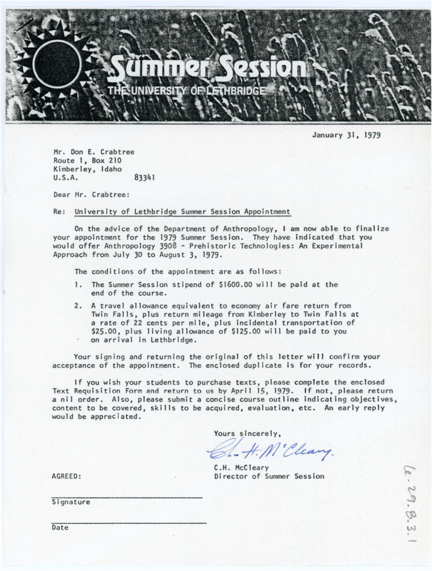 Typewritten letter from C. H. McCleary to Donald Crabtree informing his appointment as an instructor of a class was approved. There is a fillable residence application and contract and an envelope attached.