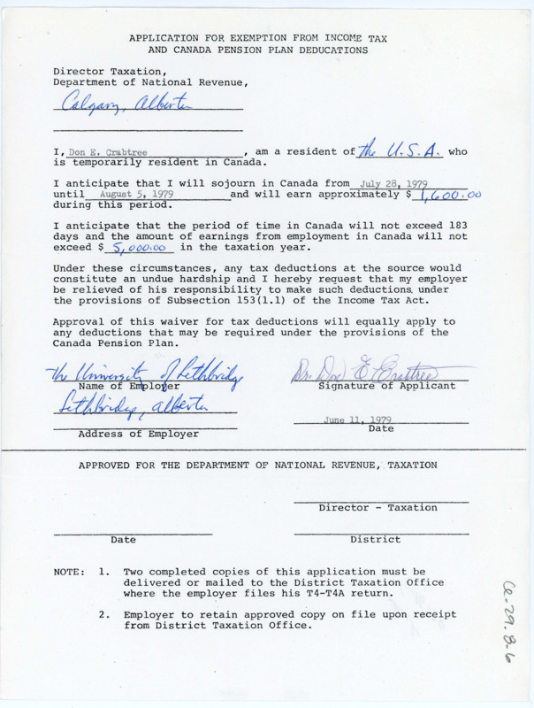 Typewritten fillable form for tax exemption for work in Canada.