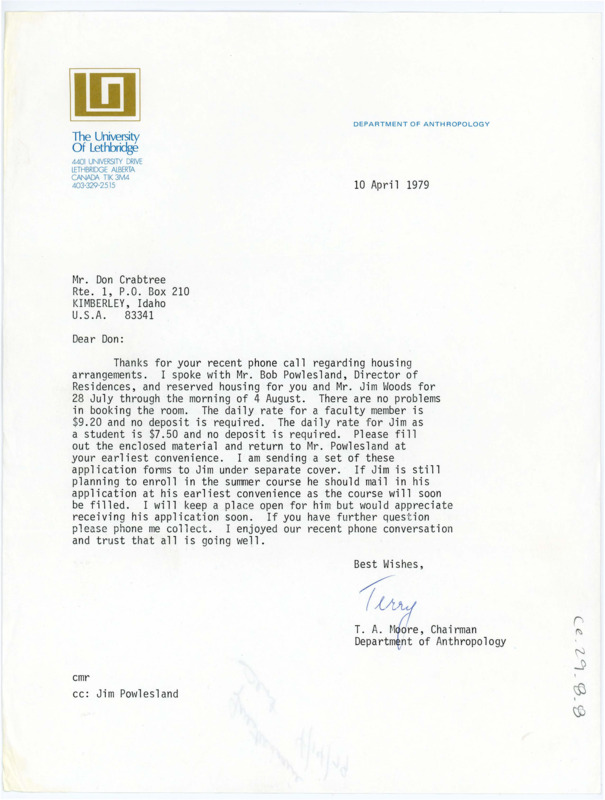 Typewritten letter from Terry Moore to Donald Crabtree about housing arrangements.