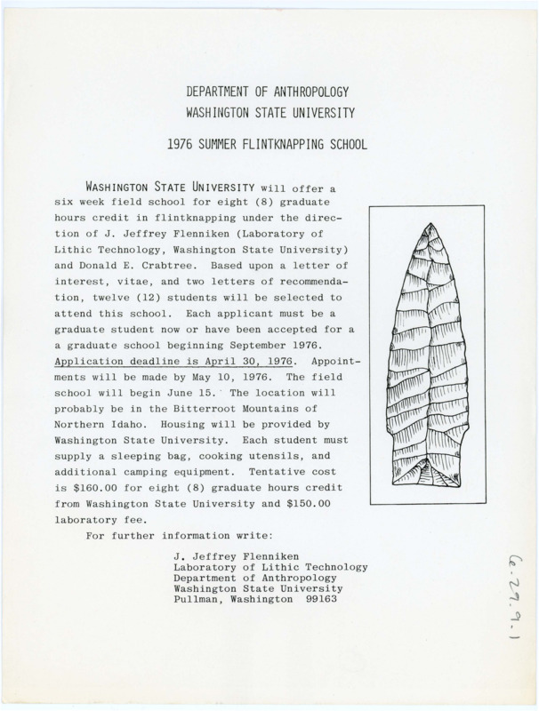 Typewritten flyer for the 1976 summer flintworking school held by Washington State University. There is a drawing of a flintknapped blade on it as well as information about the field school and who to contact for it.