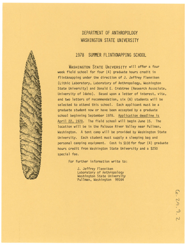 Typewritten flyer for the 1978 summer flintworking school held by Washington State University. There is a drawing of a flintknapped blade on it as well as information about the field school and who to contact for it.