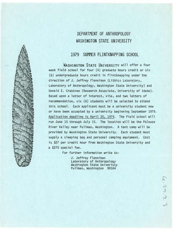 Typewritten flyer for the 1979 summer flintworking school held by Washington State University. There is a drawing of a flintknapped blade on it as well as information about the field school and who to contact for it.