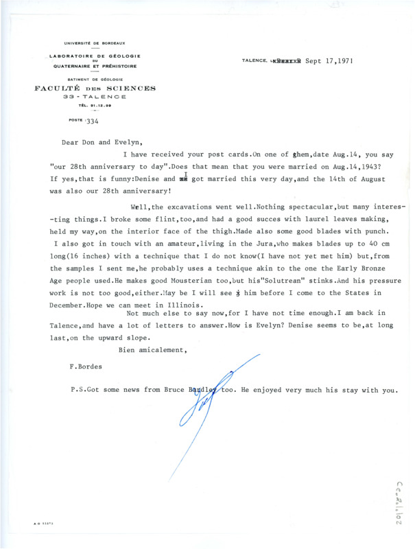 Letter from Francois Bordes to Don and Evelyn Crabtree regarding their anniversary and what he excavated the previous summer.