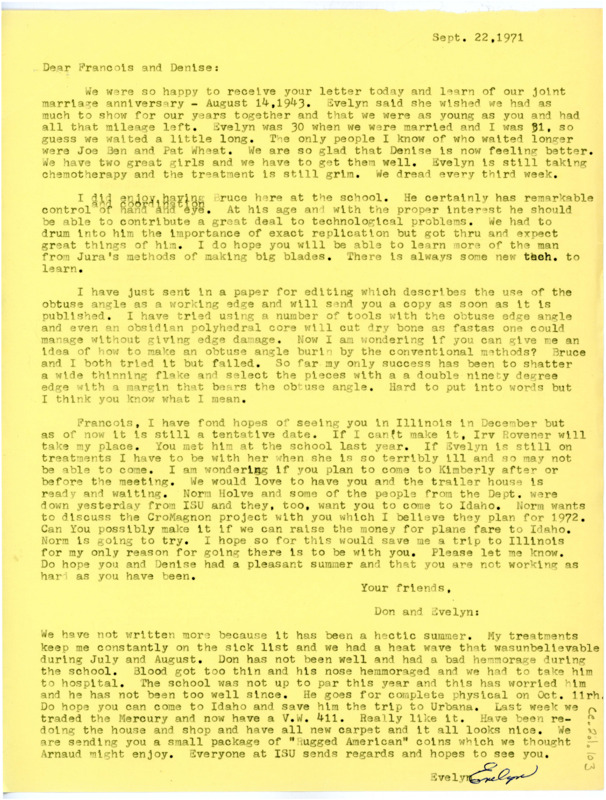 Letter from Don Crabtree to Francois Bordes and Denise Sonneville-Bordes regarding their anniversary, recent work, and plans to meet each other.