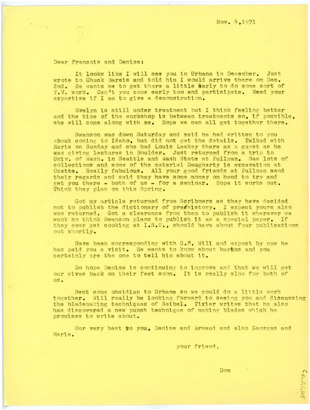 Letter from Don Crabtree to Francois Bordes and Denise Sonneville-Bordes regarding meeting at Urbana, Evelyn's health, and recent work happenings.