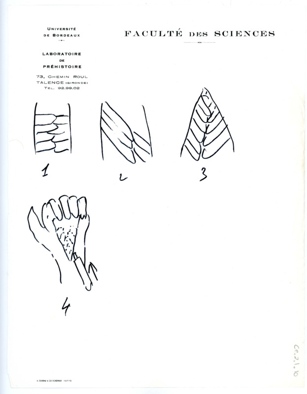 Hand-drawn diagram in black ink, assumedly from Francois Bordes to Don Crabtree, depicting a unlabelled method of flintknapping.