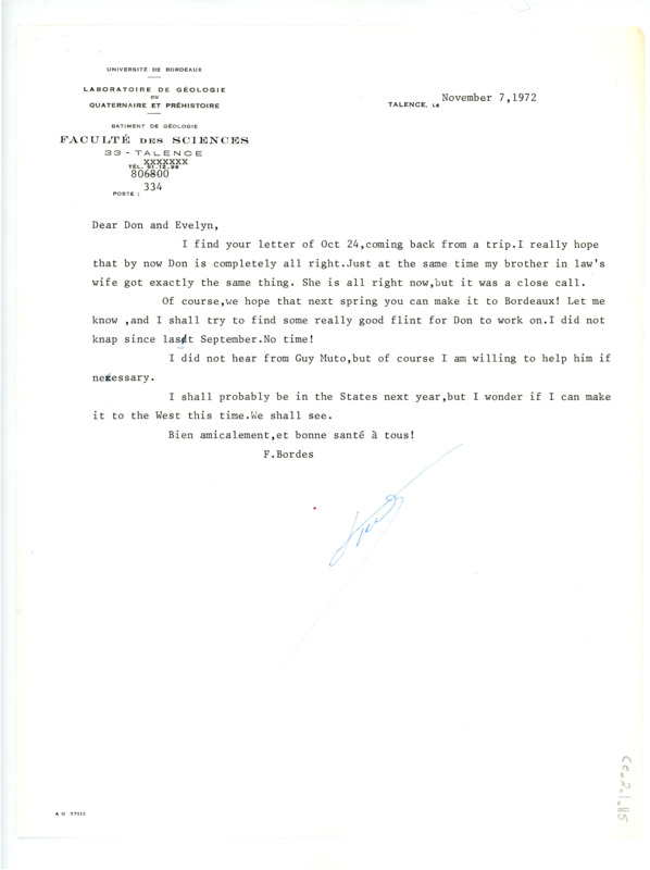 Letter from Francois Bordes to Don and Evelyn Crabtree regarding the Crabtrees' health and travel.