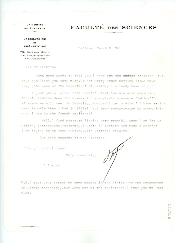 Letter from Francois Bordes to Don Crabtree regarding receiving an obsidian shipment and meeting at Berkeley to make a movie depicting working flint and obsidian.