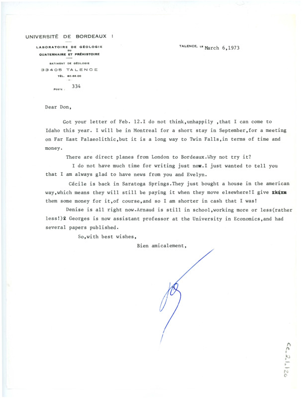 Letter from Francois Bordes to Don Crabtree regarding travelling to Idaho.