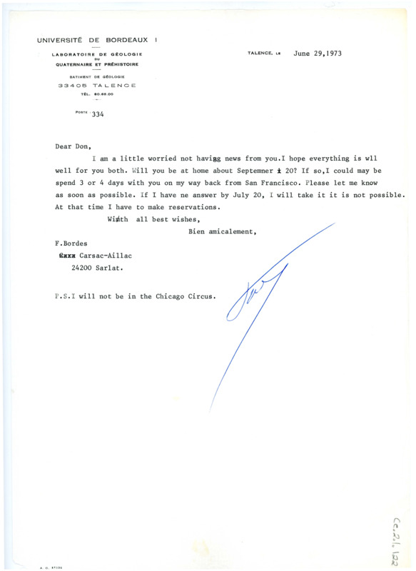 Letter from Francois Bordes to Don Crabtree regarding a trip to Kimberly.