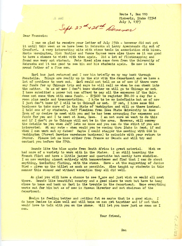 Letter from Don Crabtree to Francois Bordes regarding his work over the summer.