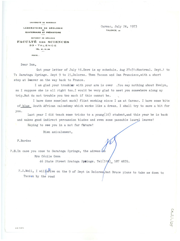 Letter from Francois Bordes to Don Crabtree regarding meeting each other.