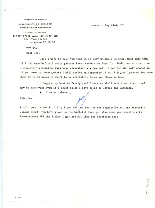 Letter from Francois Bordes to Don Crabtree regarding meeting each other.