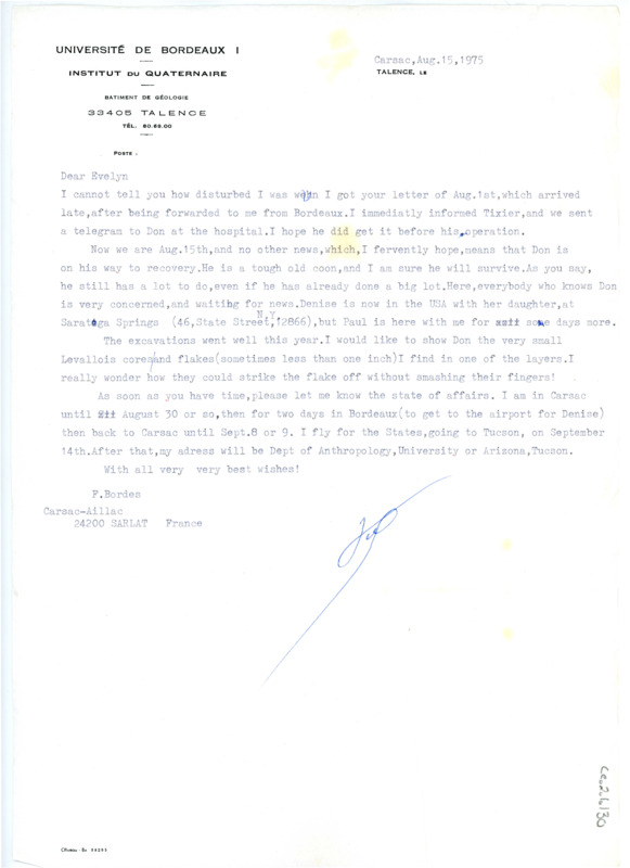 Letter from Francois Bordes to Evelyn Crabtree regarding Don Crabtree's health.