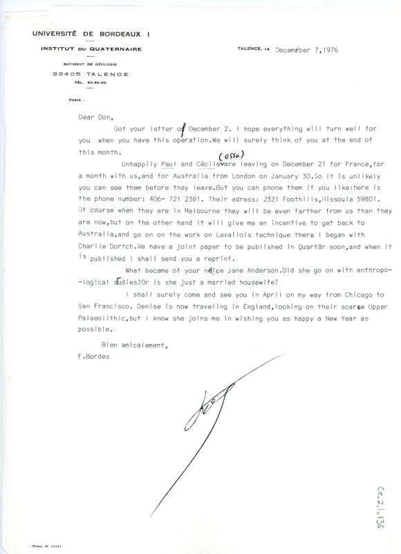 Letter from Francois Bordes to Don Crabtree regarding Don's personal health and their families.