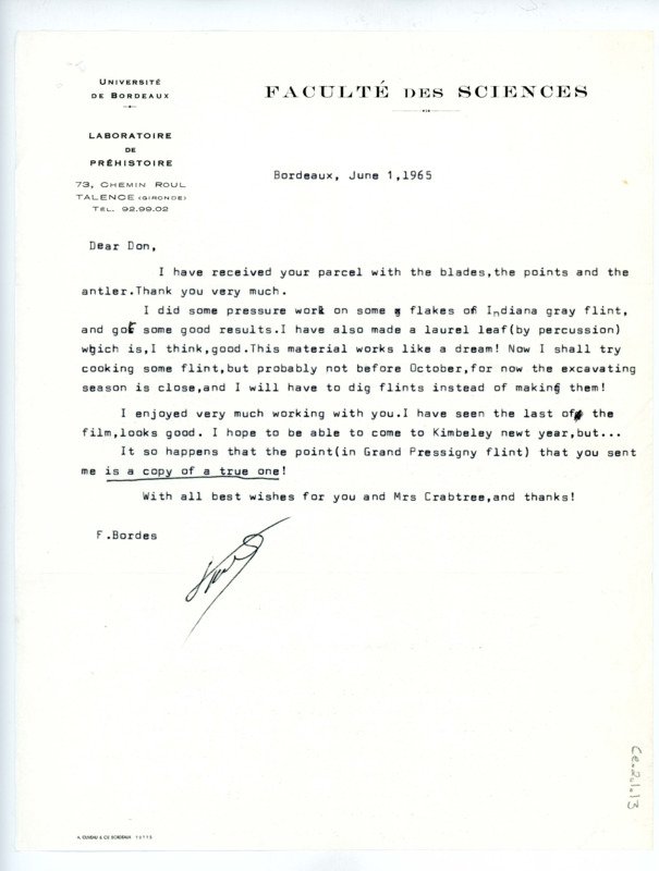 Letter from Francois Bordes to Don Crabtree regarding pressure flaking and a shipment of blades, points, and antlers.