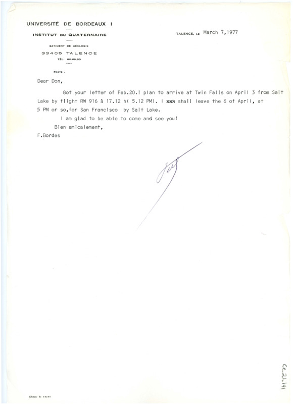 Letter from Francois Bordes to Don Crabtree regarding his arrival to Twin Falls.