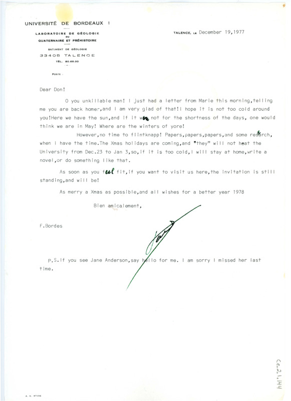 Letter from Francois Bordes to Don Crabtree regarding the latter's health.