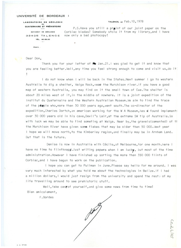 Letter from Francois Bordes to Don Crabtree regarding travel and Crabtree's health.