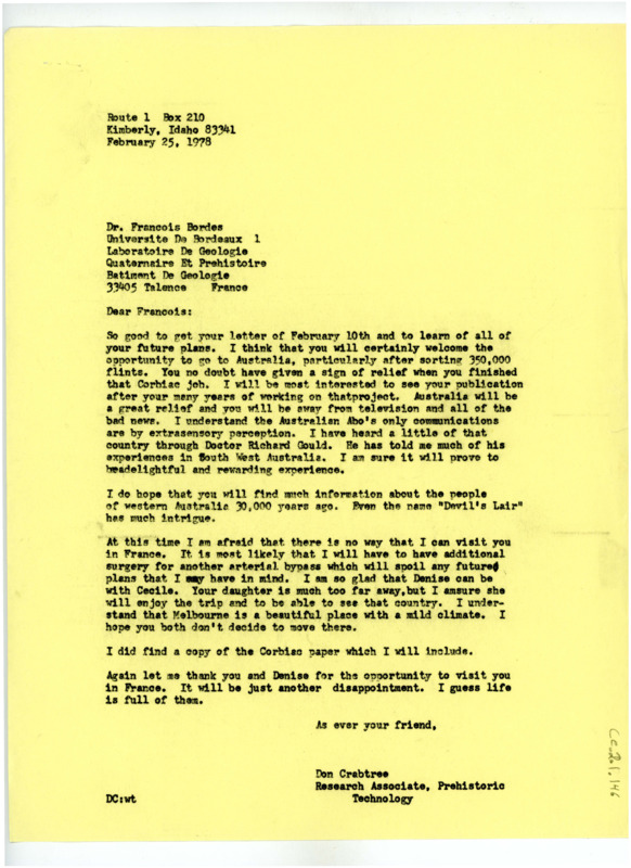 Letter from Don Crabtree to Francois Bordes regarding the latter's excavation in Australia.