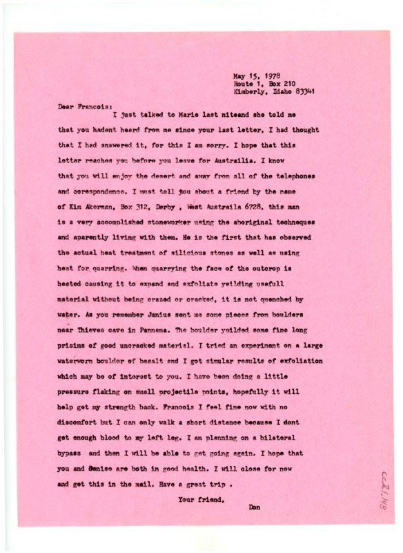 Letter from Don Crabtree to Francois Bordes regarding personal health and a promising stoneworker.