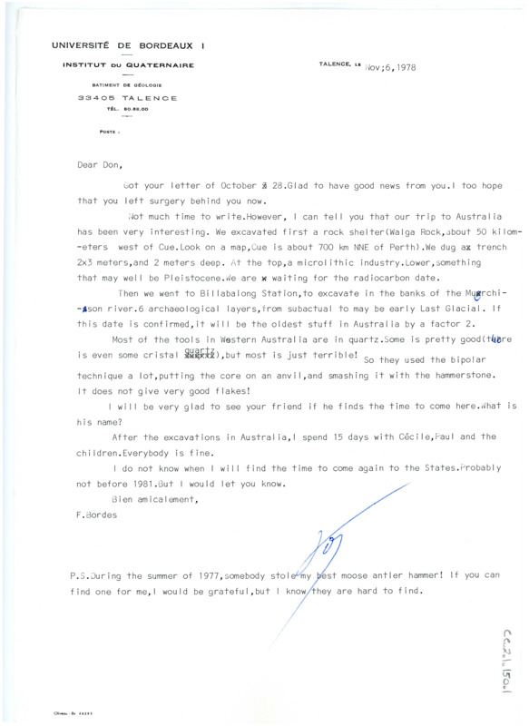 Letter from Don Crabtree to Francois Bordes regarding meeting for the Berkeley movie they made together and looking forward to another visit in April of next year.