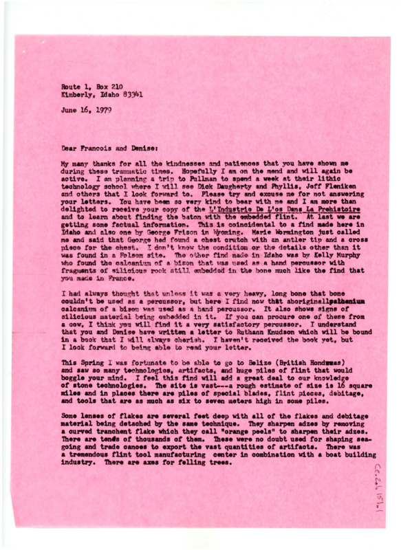 Letter from Don Crabtree to Francois Bordes and Denise Sonneville-Bordes regarding personal health and recent work developments.