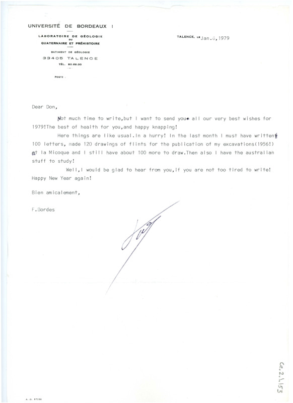 Letter from Francois Bordes to Don Crabtree wishing him a Happy New Year.