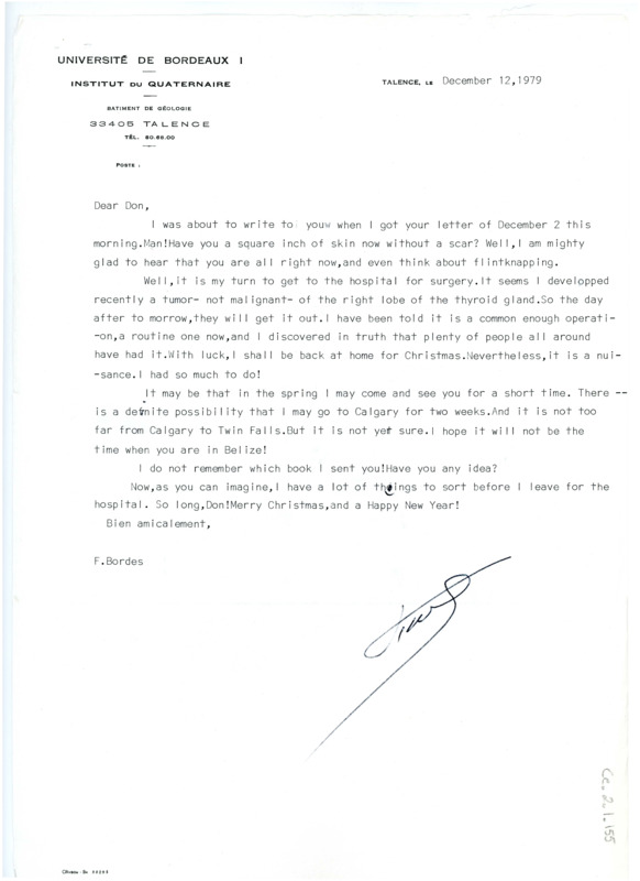 Letter from Francois Bordes to Don Crabtree regarding recent health developments in both of their lives.