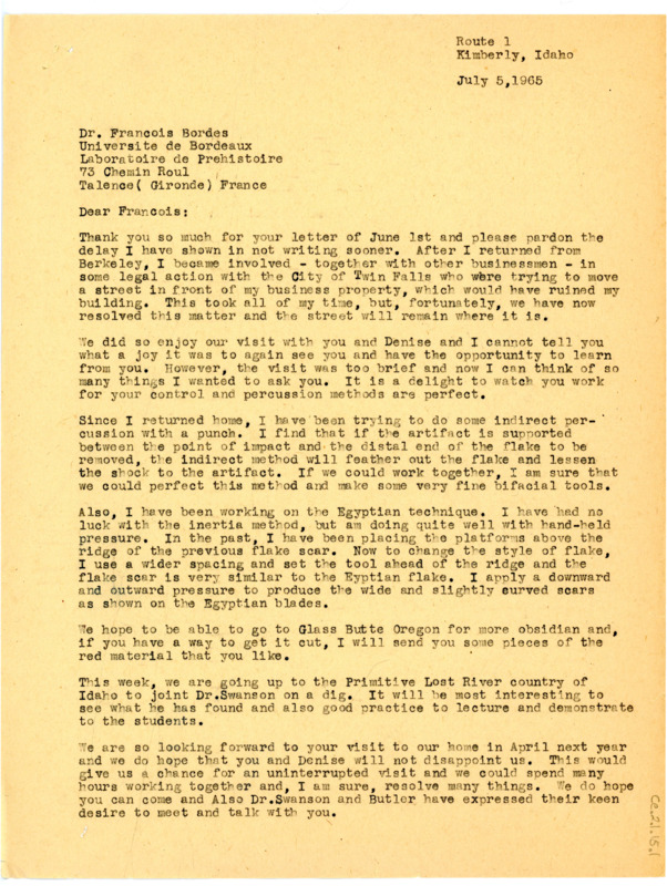 Letter from Don Crabtree to Francois Bordes regarding meeting for the Berkeley movie they made together and looking forward to another visit in April of next year.