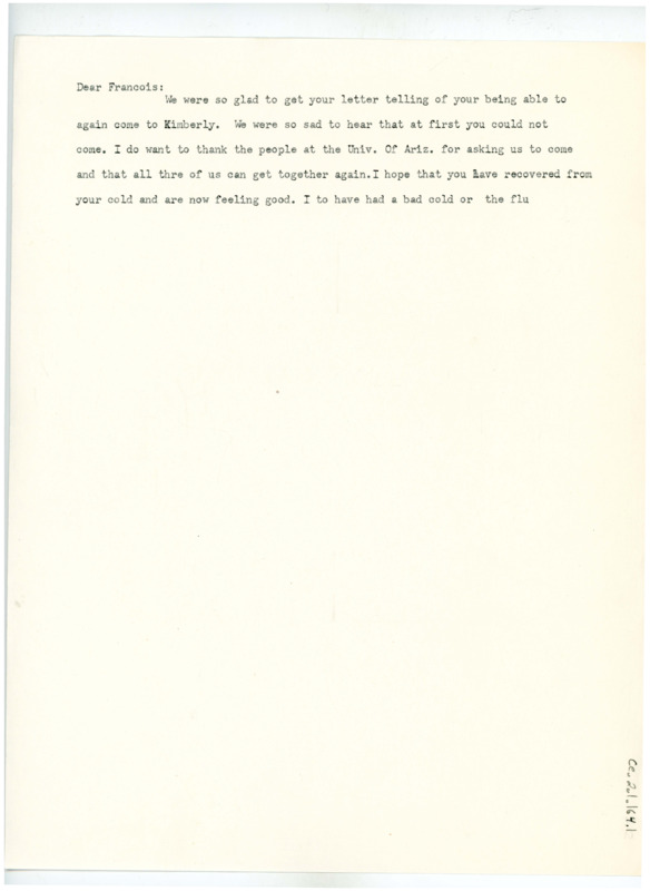 Letter from Don Crabtree to Francois Bordes regarding coming to Kimberly and illustration of a biface, from front and profile views.