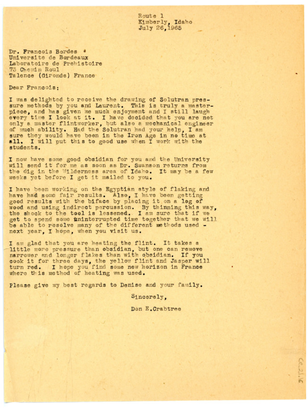 Letter from Don Crabtree to Francois Bordes regarding receiving the illustration of Solutran pressure methods and further work on Egyptian styles of flaking.