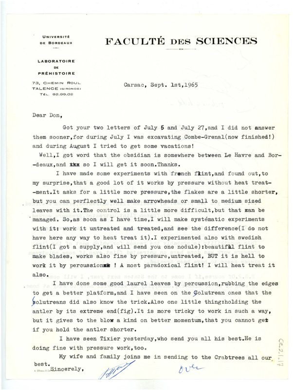 Letter from Francois Bordes to Don Crabtree regarding experiments in heat treating French flint.