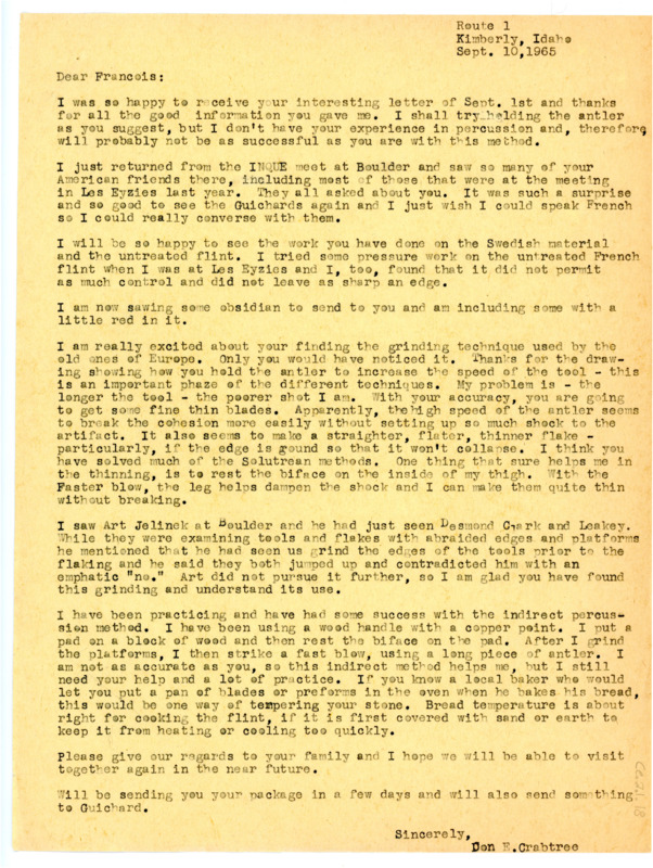 Letter from Don Crabtree to Francois Bordes regarding Bordes' techniques in grinding, hammering, and his own technique of indirect percussion.