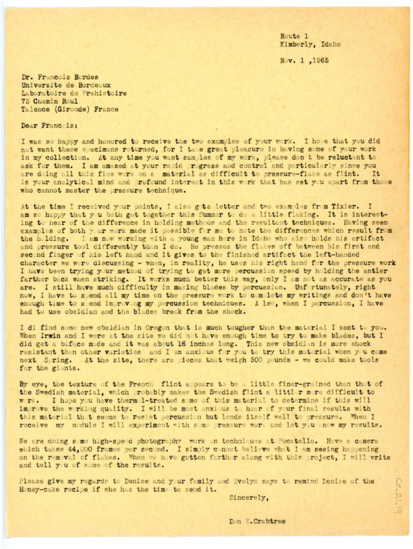 Letter from Don Crabtree to Francois Bordes thanking him for two flint specimens including discussion of various locale's quality of materials.