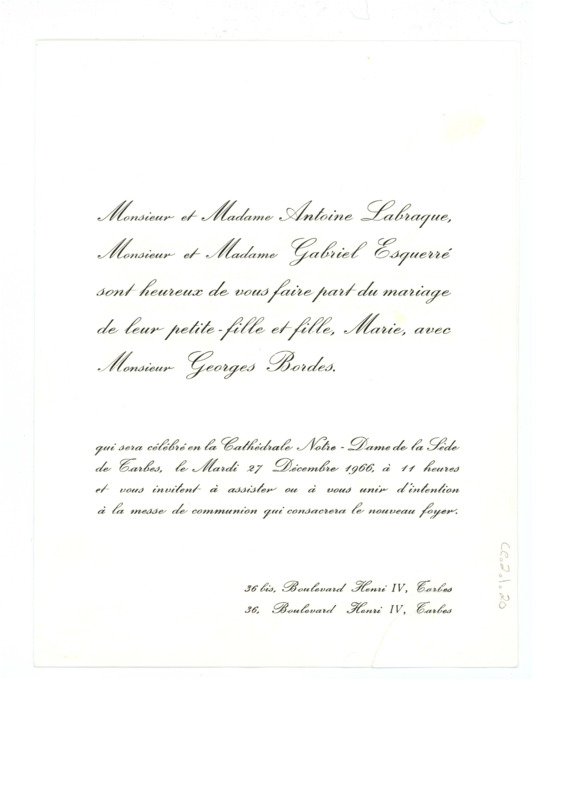 Card sent to the parents of the wife and groom inviting them to the wedding of Marie and Georges Bordes.