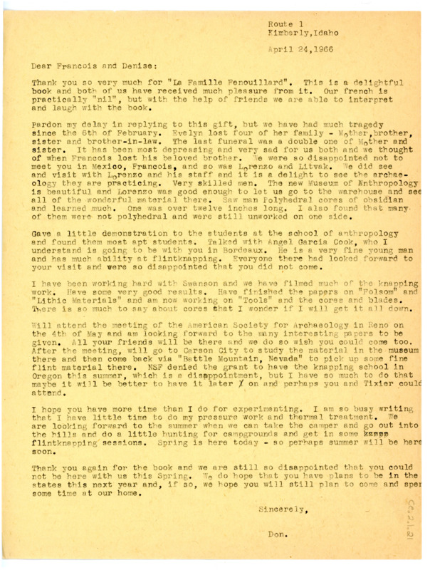 Letter from Don Crabtree to Francois Bordes and Denise Sonneville-Bordes regarding a book sent to the Crabtrees and an apology for not responding sooner.