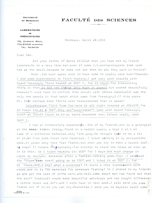 Letter from Francois Bordes to Don Crabtree regarding experiments in heat treating flint and the discovery of a strange, possibly knappable material.