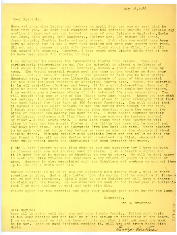 Letter from Don Crabtree to Francois Bordes regarding receiving a package of interesting flakes from Bordes and an additional message from Evelyn Crabtree to Denise Sonneville-Bordes.