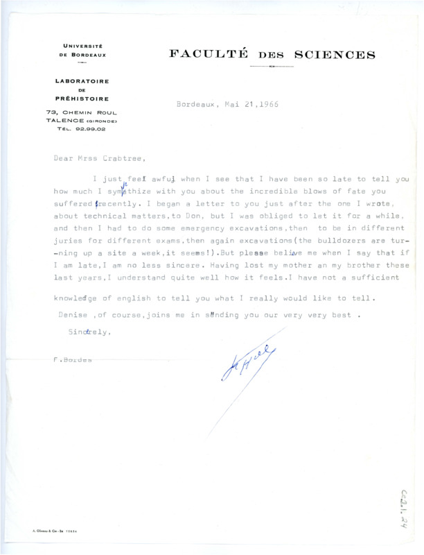 Letter from Francois Bordes to Evelyn Crabtree regarding a series of personal tragedies.