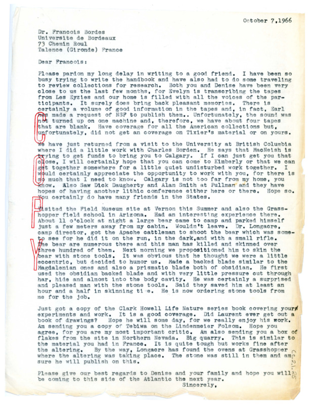 Letter from Don Crabtree to Francois Bordes regarding an incident with a bear at the Field Museum site and that he misses the Bordes family.