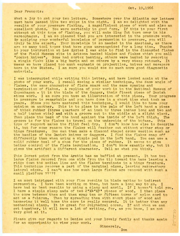 Letter from Don Crabtree to Francois Bordes regarding Bordes' advances in the pressure flaking technique.