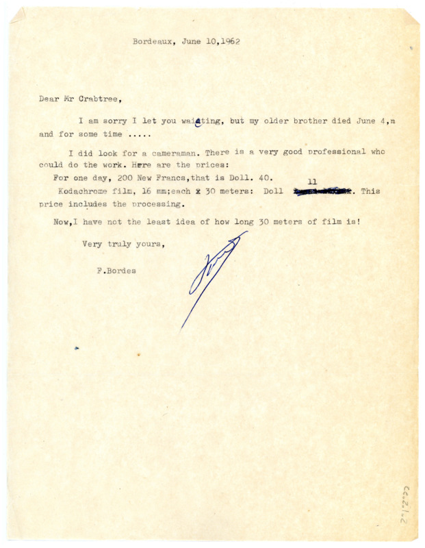 Letter from Francois Bordes to Don Crabtree regarding the price of hiring a cameraman.