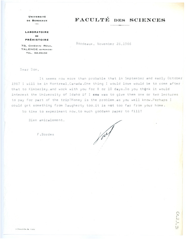 Letter from Francois Bordes to Don Crabtree regarding coming to Montreal, Canada.