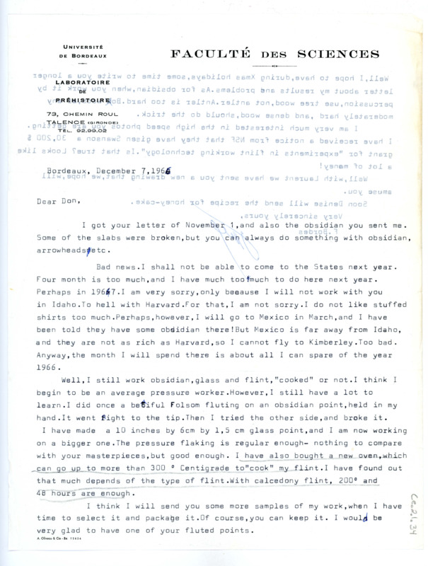 Letter from Francois Bordes to Don Crabtree regarding receiving a shipment of obsidian and being unable to come to the states this year.