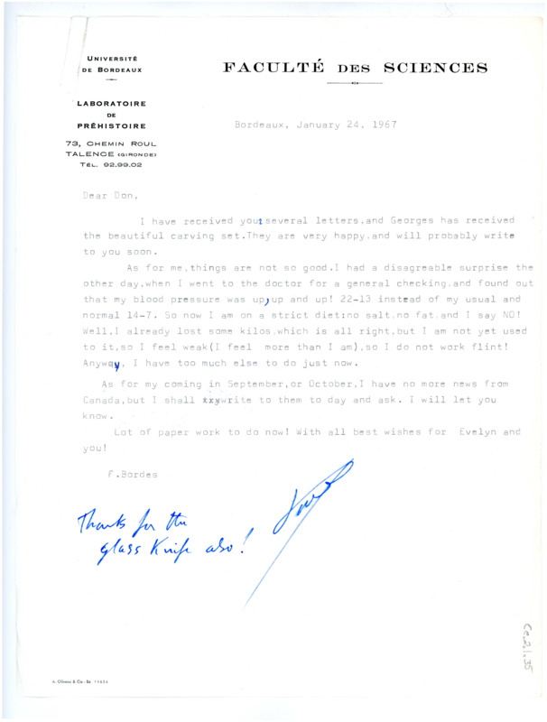 Letter from Francois Bordes to Don Crabtree regarding receiving gifts from Crabtree and a recent development in his personal health.